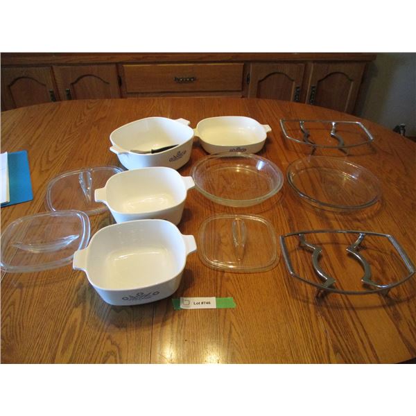 CorningWare with 3 glass lids (2 have chips), Glass pie plates