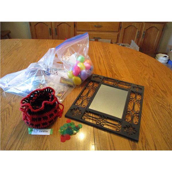 Craft work, mirror, bingo chips, plus misc