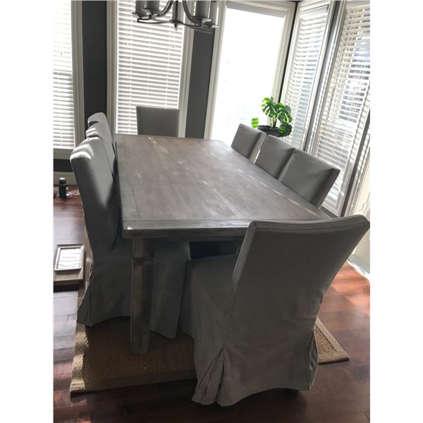 High End Solid Pine Whitewashed  Grey Table & 8 Parson Chairs w Linen Covers