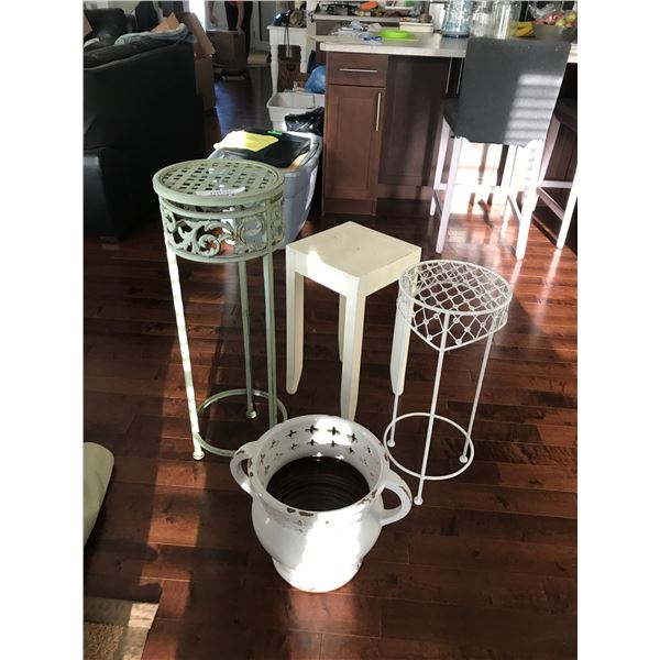3 Plant Stands and White Ceramic Pot