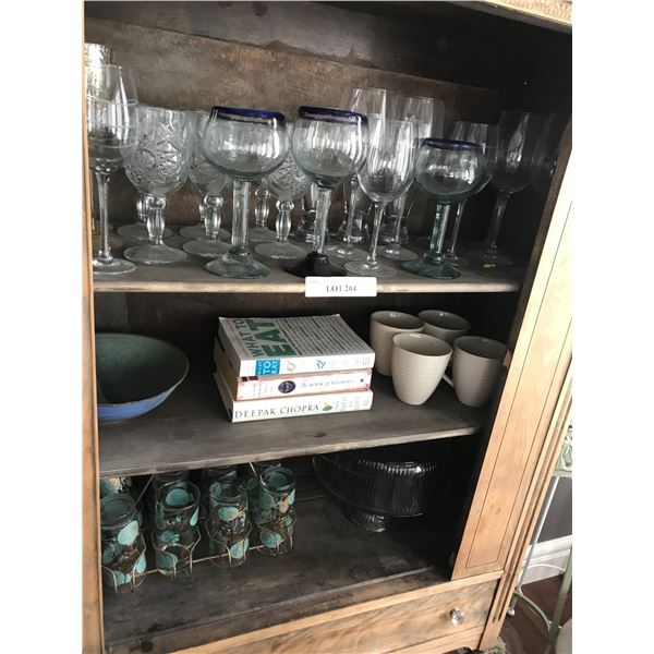 Mexican Glasses, Asst Wine & Mid Century Modern Glasses/Stand, Mugs, Bowl, Cake Plate & Books