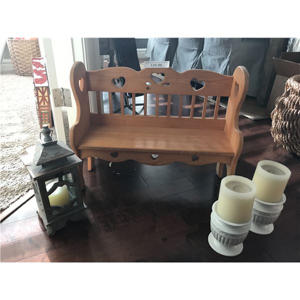 Small Decorative Wood Bench w Hearts, 2 Candle Holders & Lantern