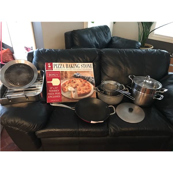 Pizza Baking Stone, Various Pots, Pans & Strainers