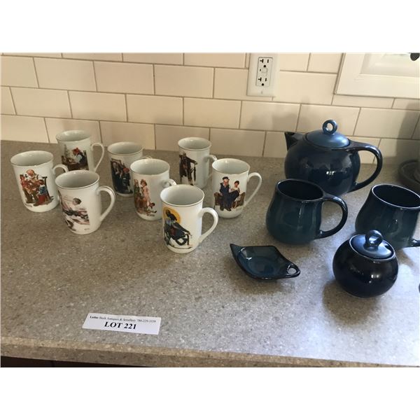 8 Norman Rockwell Mugs, CH'A Tea Blue Teapot/Mugs/Cream/Sugar Dishes