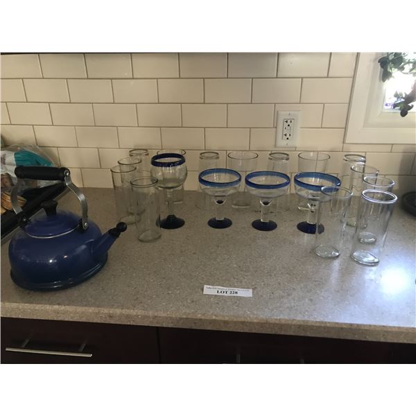 Blue Le Creuset Kettle, Mexican Parfait Glassware & Asst Glasses