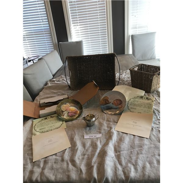 Sterling Silver Creamer, Wicker Baskets, Waiting to Play & Tender Moments Ltd Edition Plates