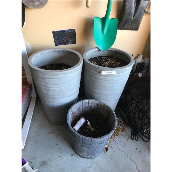 2 Large Cement Planters and Wood Bucket Planter
