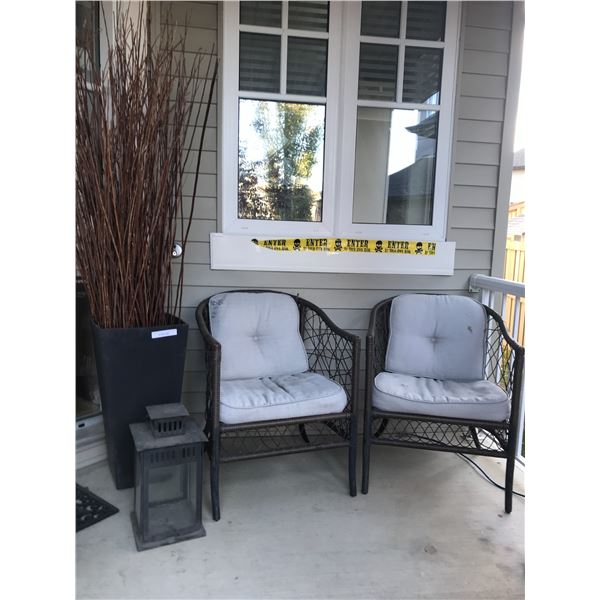 Large Black Planter, Metal Candle holder, 2 Grey Upholstered Outdoor Chairs