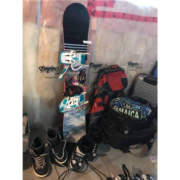 Ladies Prestine Sims Snowboard and 2 pairs of Boots,Asst Sports Bags, Ski Goggles & Suitcases