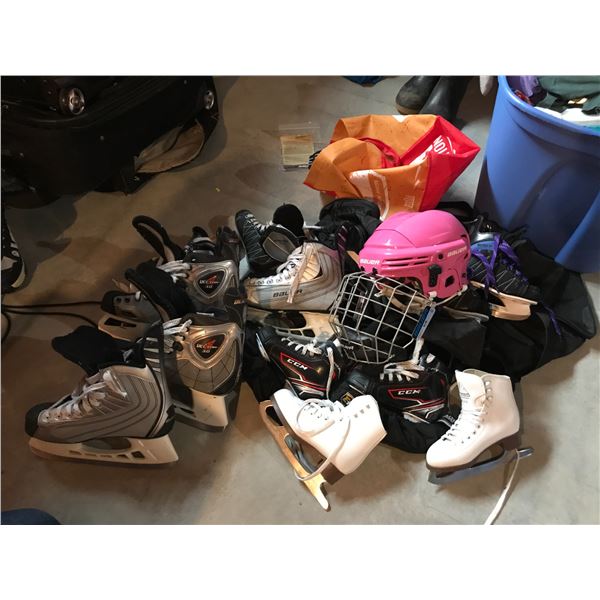 Large assortment of CCM & Bauer Skates, Pink Helmet & Sports Bags