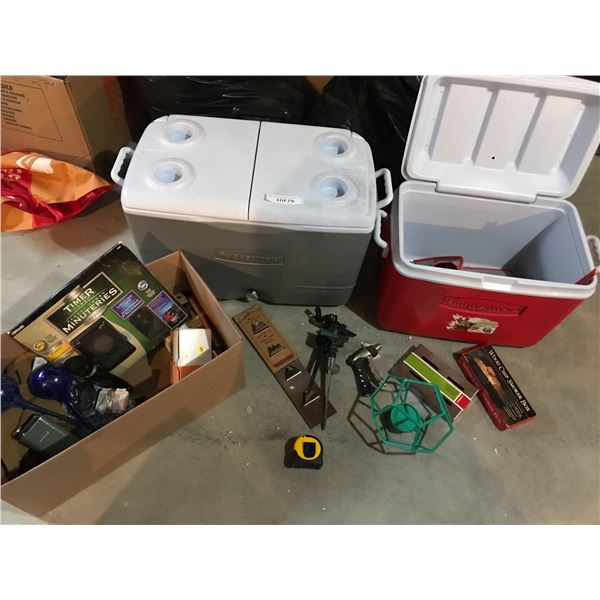 2 Large Rubber-made Coolers, Glass Water Globes, Sprinkler Head, Wood Chip Smoker, Potato Grilling R