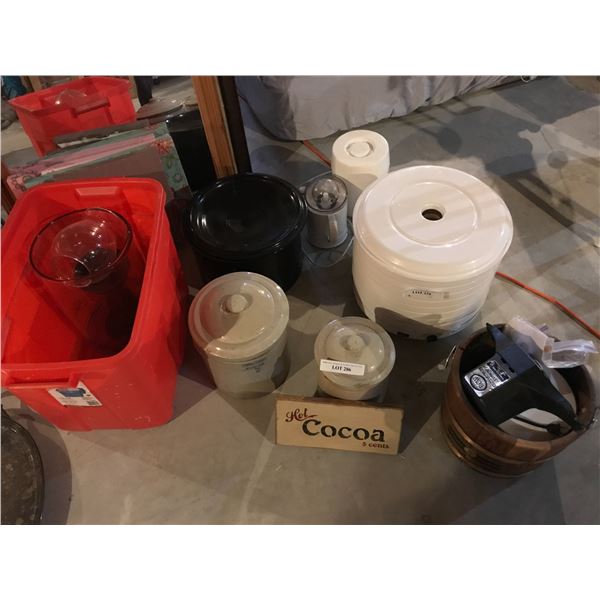 Ice Cream Maker, Yogurt Maker, Hurricane Glass Lamp, 2 Brantford Stoneware, Lg Glass Container & Deh