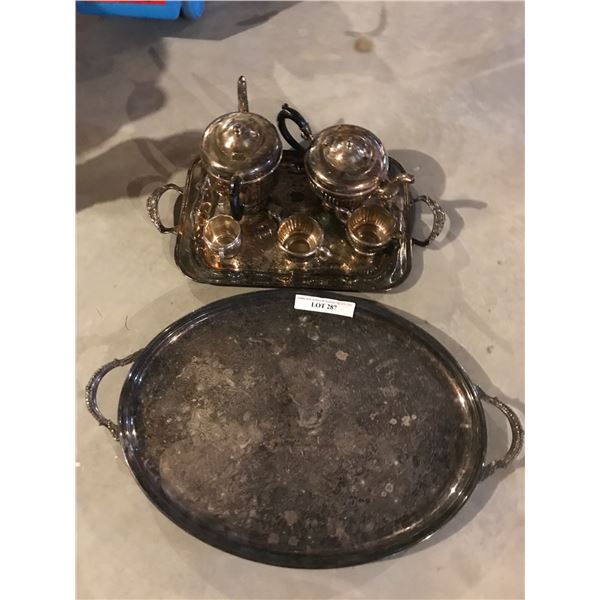 Silver Tea Server Set, Tray and Sterling Silver Sugar Bowl