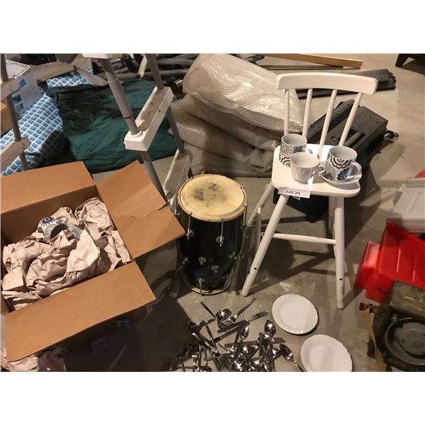Children's White Wood High Chair, Black Bongo Drum, Stainless Steel Cutlery, Assorted dishes & China