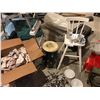 Image 1 : Children's White Wood High Chair, Black Bongo Drum, Stainless Steel Cutlery, Assorted dishes & China
