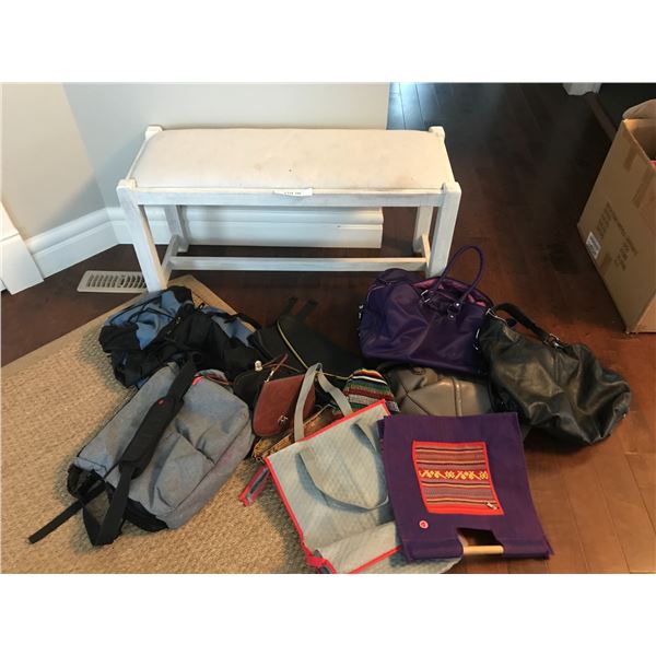 Wood Bench & Assorted Purses (some leather) and Bags
