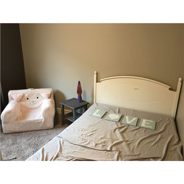White 2 Drawer Children's Bed, Puppy Chair, Grey Side Table, Lava Lamp & Love Wall Art