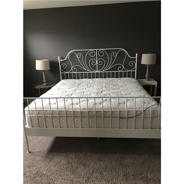 King Size Ornate White Metal Bed, Two Lovely Lamps and Two End Tables