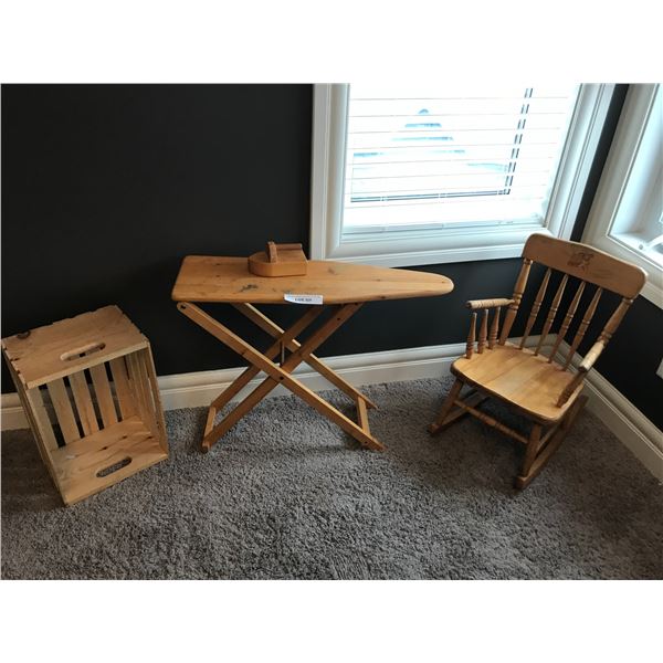 Children's Wood Rocking Chair, Ironing Board/Iron & Box
