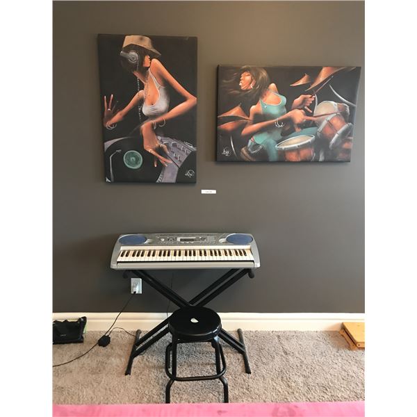 Yamaha Bass Boost PSR-275 w Stand & Stool, 2 Large Jazz Canvas Paintings