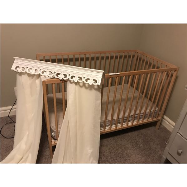 Ikea Crib w Decorative White Valance & Side Drapes