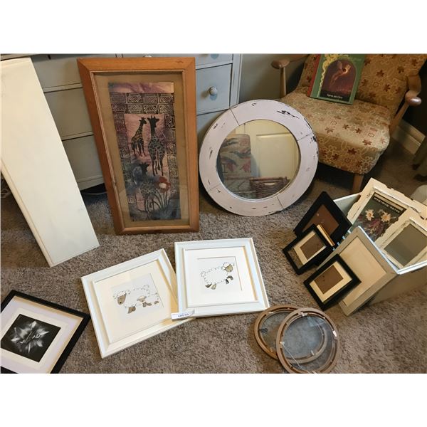 African Wall Art, Framed Sheep Pictures, Round Mirror, Wood Shelf & Asst Frames