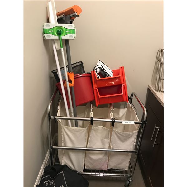 Laundry Hamper/Sorter, Mops, Steam Iron, Red Bins & Bucket