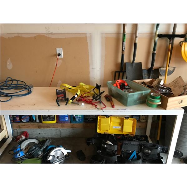 Metal Shop Table, Hooks, Ratchet Straps, Tow Rope, Mounting Hooks, Bicycle Hanger, 12" Wrench, Carab