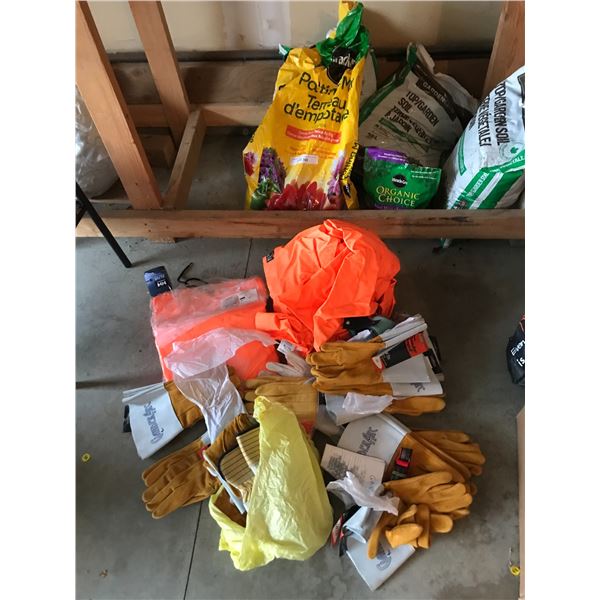 3 Bags of Garden Soil, Potting Soil, Bone Meal, 2 XL Helly Hansen Jackets, Lg Asst of Garden Gloves