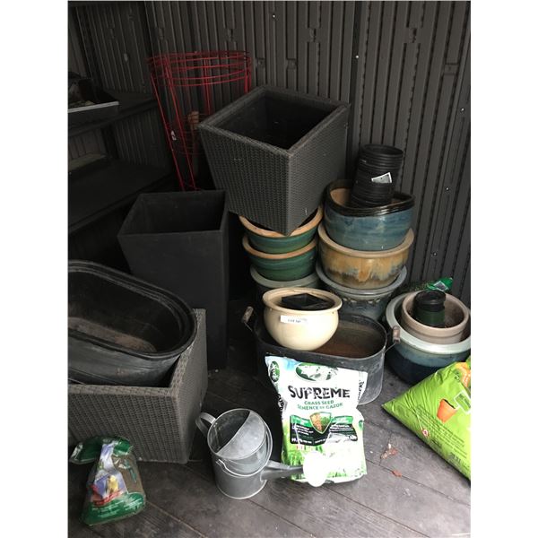Beautiful Ceramic & Various Outdoor Planters, Metal Bin, Watering Can, and Grass Seed
