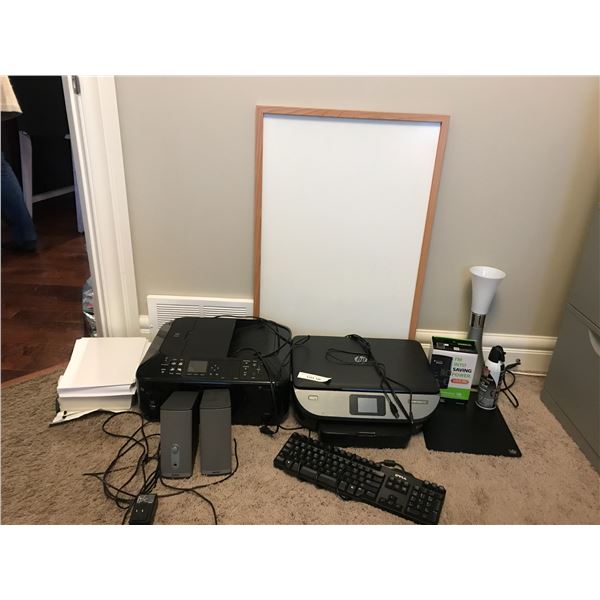 Bose Speakers, Ottlite, HP Envi Photo 7155 Canon Pixma MS Duo Printer/Scanner, Dell Keyboard, Paper,