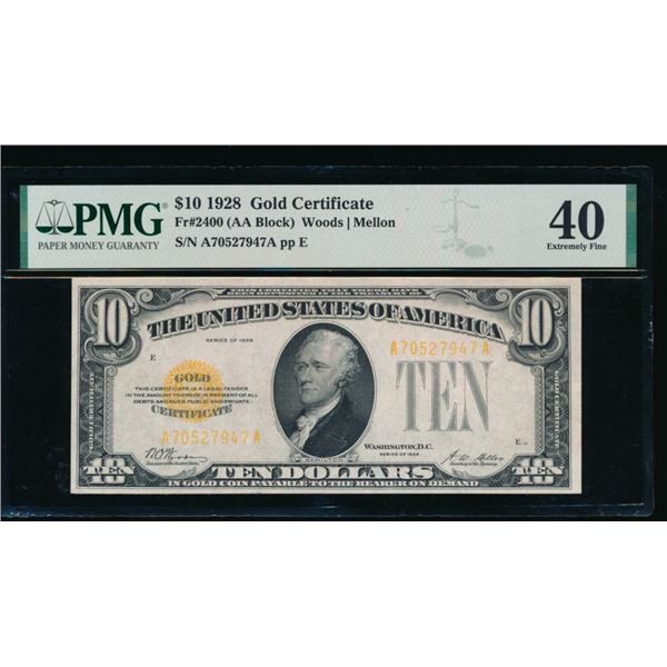 1928 $10 Gold Certificate PMG 40