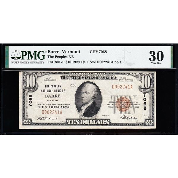 1929 $10 Barre VT National PMG 30