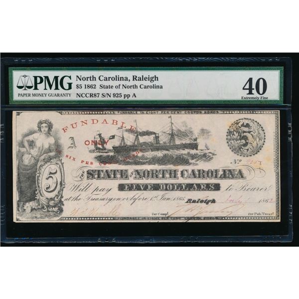 1862 $5 Raleigh NC Obsolete Note PMG 40