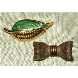 2 Vintage Pins/Brooches Enamel Leaf, Mesh Bow #2068575