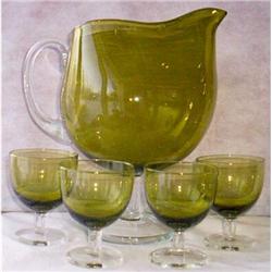 Retro 60?s Art Glass Pitcher 4 Stems Avocado #2068605