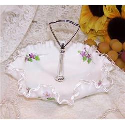 Violets Snow Silver Crest Glass Bon Bon Fenton #2081342