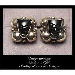 VINTAGE MEXICAN SILVER EARRINGS BLACK ONYX#2081853