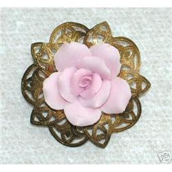 Porcelain Pink Rose on Brass Brooch #2081994