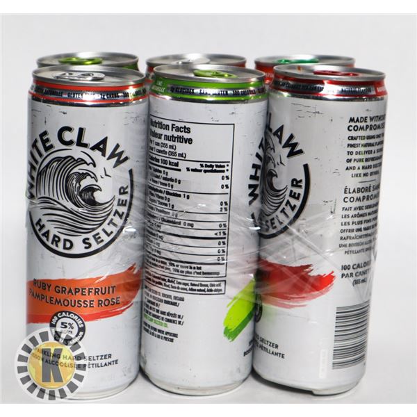 6 PACK WHITE CLAW. ASSORTED FLAVORS 5% ALC.  355ML