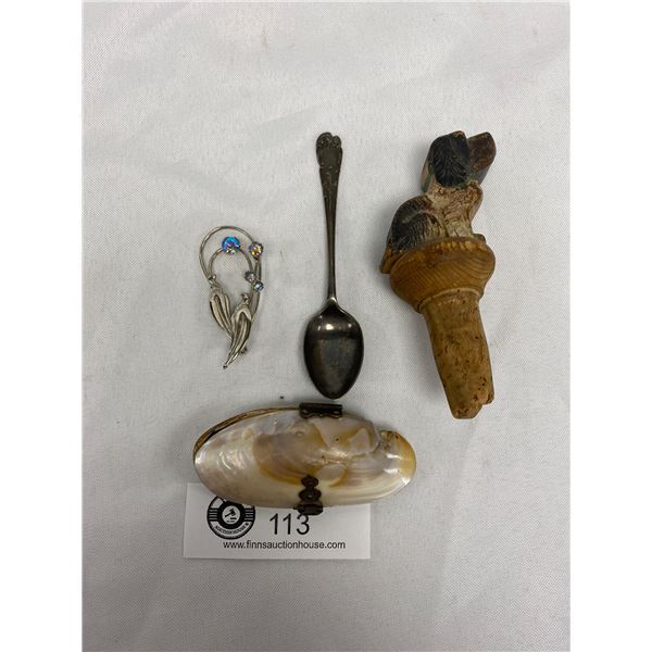 Vintage Clam Shell Holder with Brooch Plus Spoon and Wooden Dog Bottle Stopper