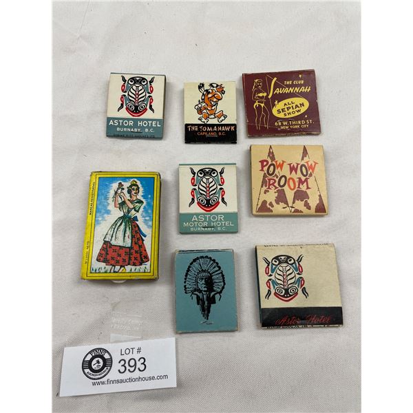 8 Packs of Old Matchbooks, Assorted, Pow Wow Room, The Tomahawk, etc