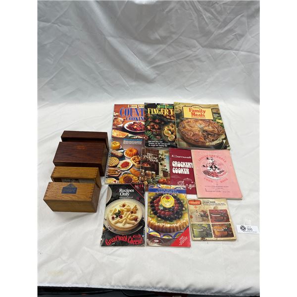 2 Antique Finger Jointed Wooden Recipe Boxes and Asst of Vintage Cookbooks and Recipe Magazines