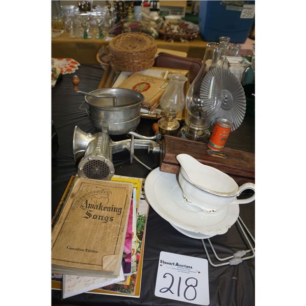 Meat Grinder, Lanterns, Dishes. etc