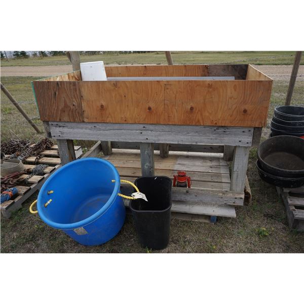 Wood stand, Feed tub, Landscape Fabric, Lantern.