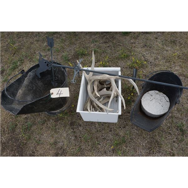 2 Coal Pails, Tub of Deer Horns, Weather Vane.