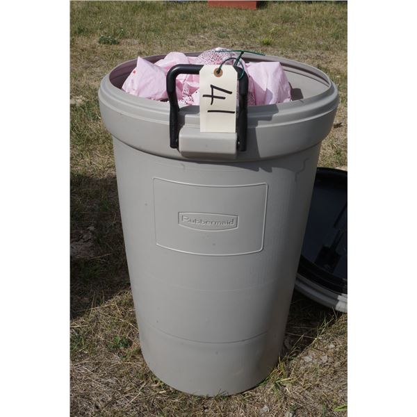 Rubbermaid Garbage Can with contents - plastic covers.