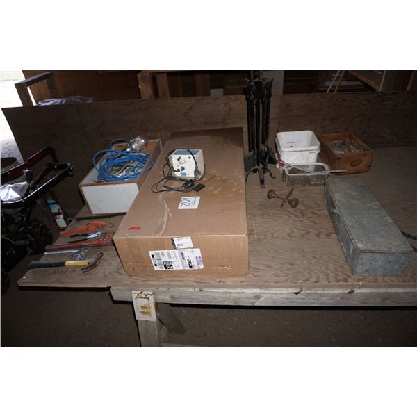 Bee Electric Fender 110v, 2014 GMC Air Condenser, Box of Electrical Assortment, Tools.