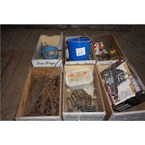 6 Boxes Misc - Hinges, Hitches, Winch is So-so, Water Pail, Dimmer etc.