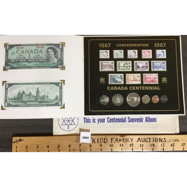 LIMITED ED CONFEDERATION CANADA CENTENNIAL - COIN, STAMPS AND $1 NOTE SET